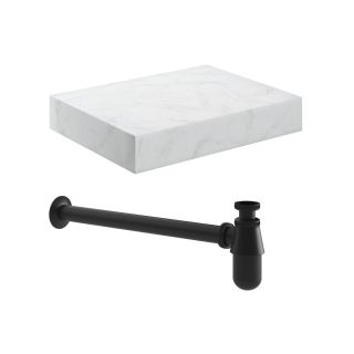 Stoneleigh 600mm Wall Hung White Marble Basin Shelf & Black Bottle Trap