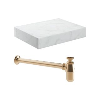 Stoneleigh 600mm Wall Hung White Marble Basin Shelf Brushed Bronze Bottle Trap