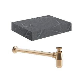 Stoneleigh 600mm Wall Hung Grey Marble Basin Shelf Brushed Bronze Bottle Trap