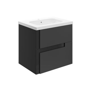 Henley 615mm Wall Hung 2 Drawer Basin Unit & White Basin Matt Black & Glass