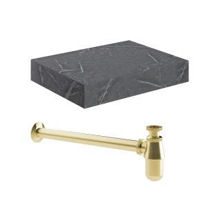 Stoneleigh 600mm Wall Hung Grey Marble Basin Shelf & Brushed Brass Bottle Trap