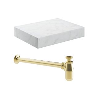 Stoneleigh 600mm Wall Hung White Marble Basin Shelf & Brushed Brass Bottle Trp